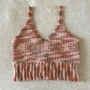 Crochet Tank Top Brown/Beige/Pink w/ Ribbing Detail